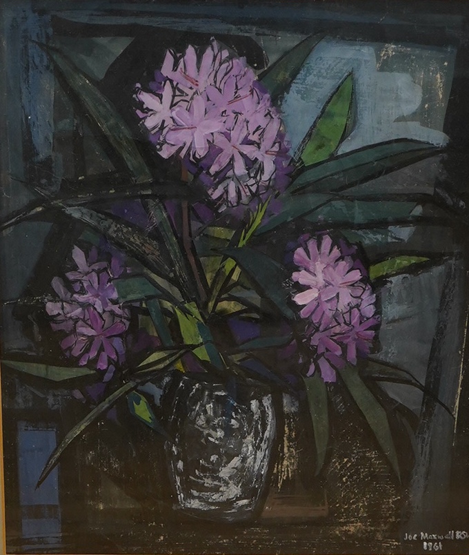 Joe Maxwell, Still life of flowers in a vase, signed and dated 1961, mixed media and gouache, 39 x 33cm